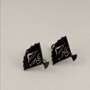 Vintage Sterling Silver Japanese Damascene Elegant Black Fan-Shaped Earrings